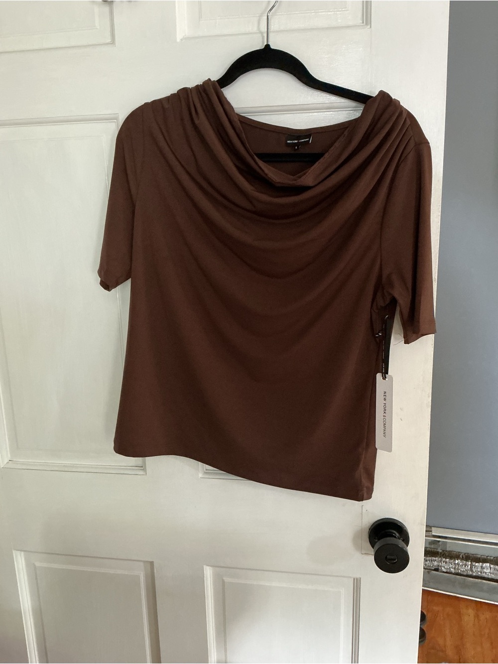 New York & Company Brown Draped Cowl Neck Short Sleeve Top